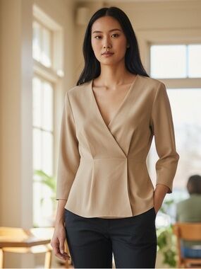 ASOS Wrap Front Peplum Blouse Beige Tan Flowy Work Top Size 4